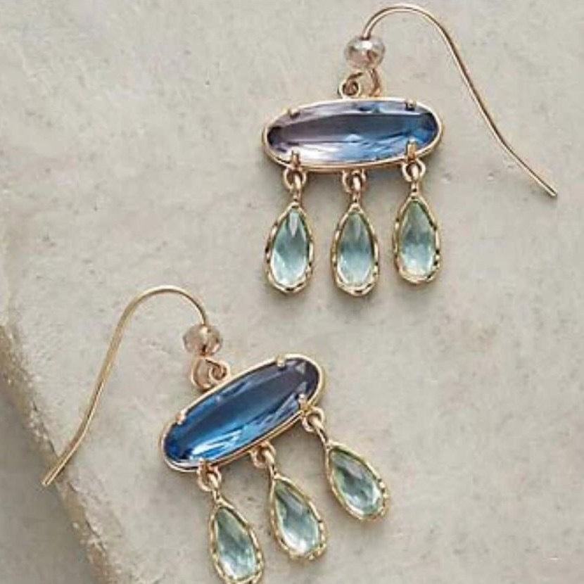 Wholesale Vintage Handmade Diamond-studded Long Style Gold Long Oval Blue Diamond Personality Earrings
